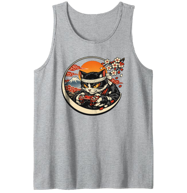 Ukiyo-e Otaku Neko Gamer Amid Rolling Waves Tank Top