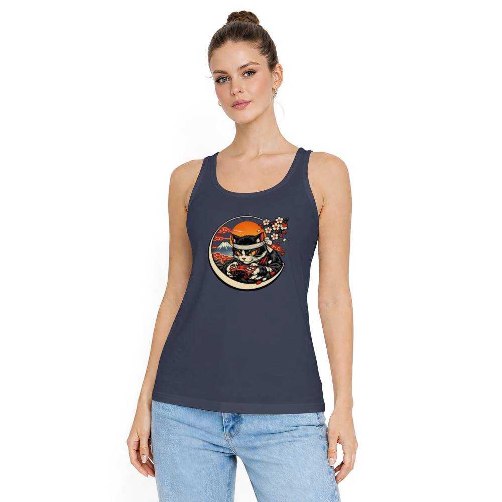 Ukiyo-e Otaku Neko Gamer Amid Rolling Waves Tank Top