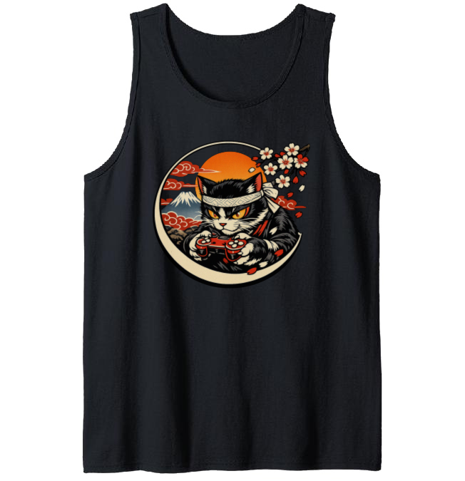 Ukiyo-e Gamer Cat in Rolling Waves Tank Top