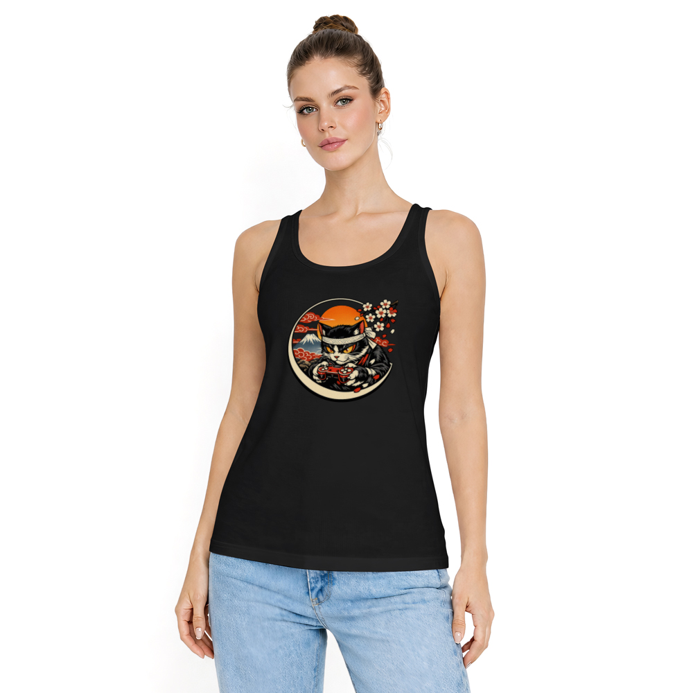 Ukiyo-e Gamer Cat in Rolling Waves Tank Top