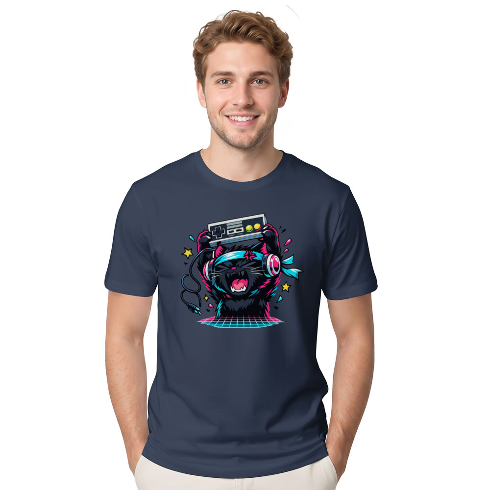 Rage Quit Synthwave Gamer Cat Graphic T-Shirt