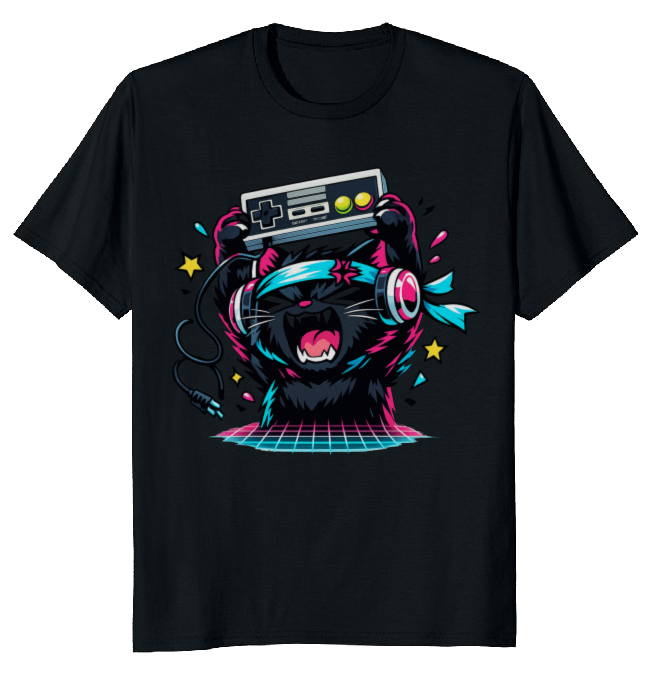 Synthwave Gamer Cat in a Neon Rage Quit Graphic T-Shirt