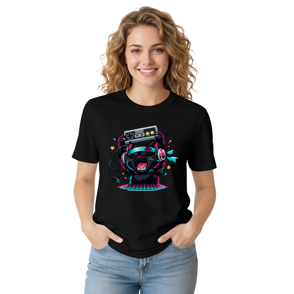Rage Quit Synthwave Gamer Cat Graphic T-Shirt