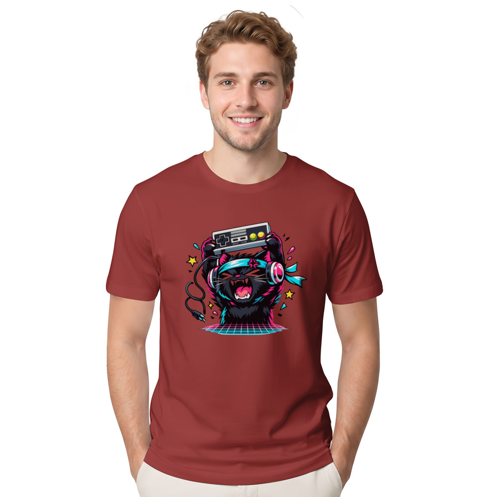 Synthwave Gamer Cat in a Neon Rage Quit Graphic T-Shirt