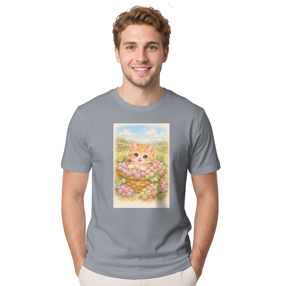 Vintage Pastel Kitten in a Grape Basket Illustration Graphic T-Shirt