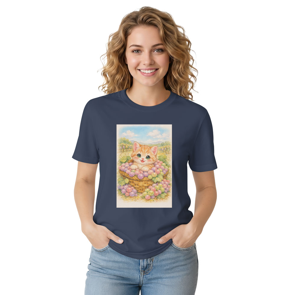 Vintage Pastel Kitten in a Grape Basket Illustration Graphic T-Shirt