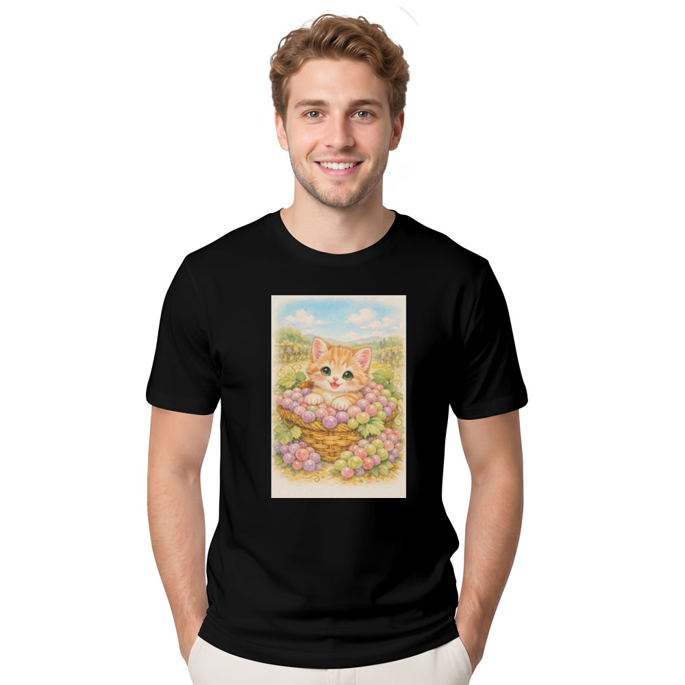 Vintage Pastel Kitten in a Grape Basket Illustration Graphic T-Shirt