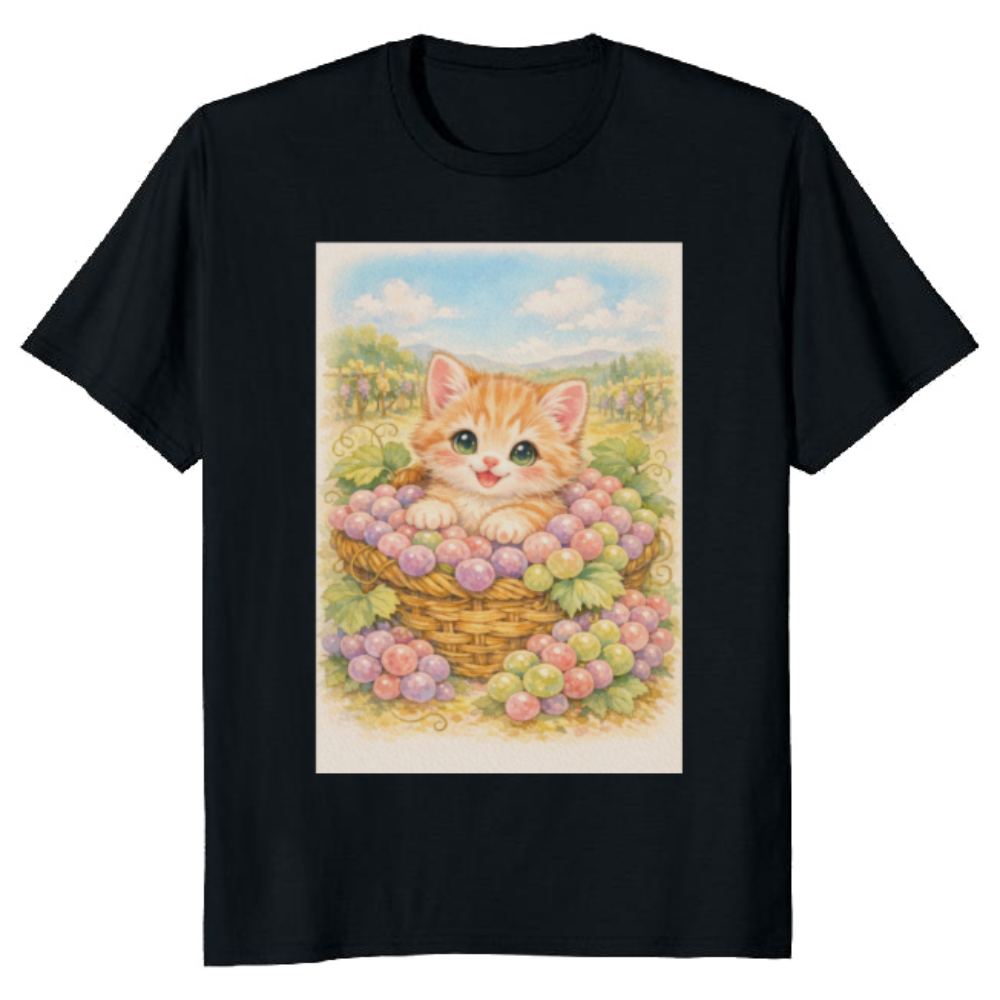 Vintage Pastel Kitten in a Grape Basket Illustration Graphic T-Shirt