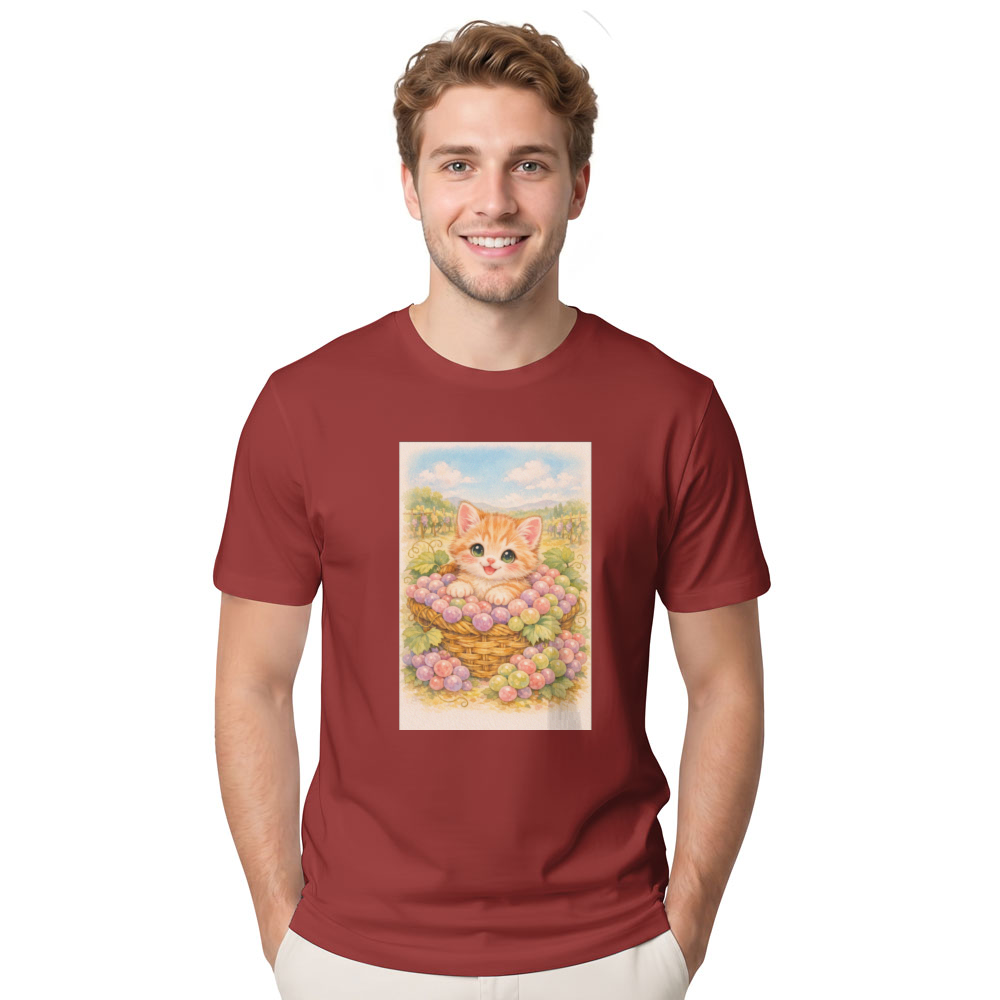 Vintage Pastel Kitten in a Grape Basket Illustration Graphic T-Shirt