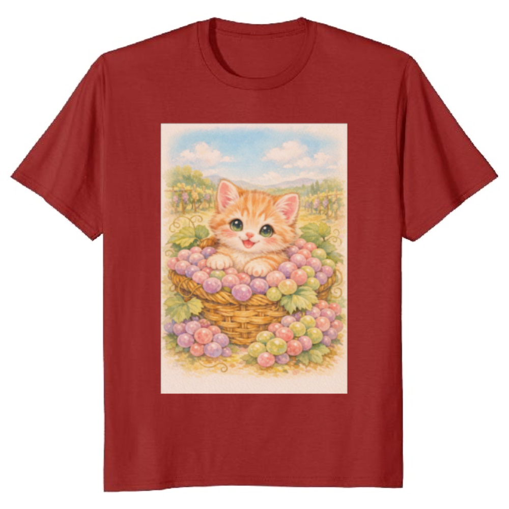 Vintage Pastel Kitten in a Grape Basket Illustration Graphic T-Shirt