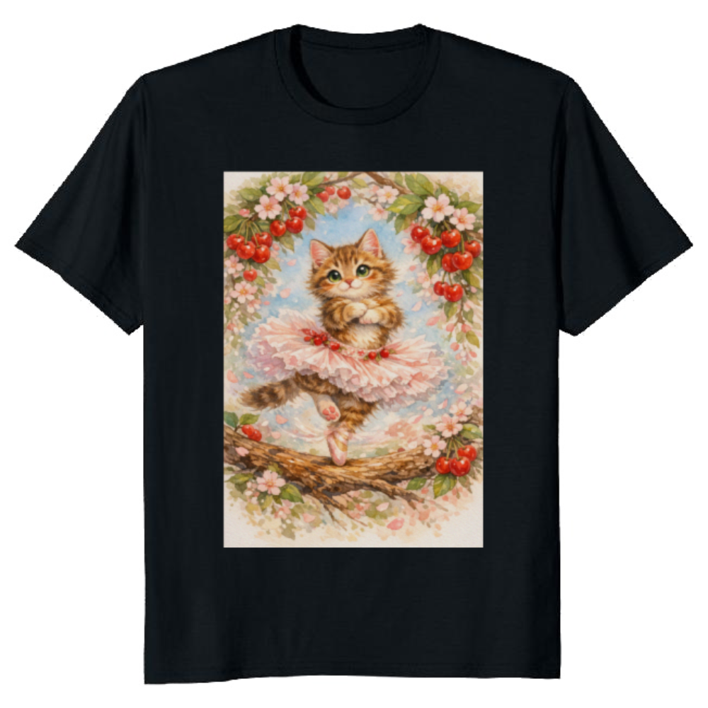 Vintage Watercolor Ballerina Kitten in a Pirouette Graphic T-Shirt