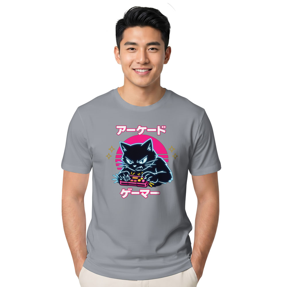 Retro Japanese Cat Neon Overdrive T-Shirt - Competitive Gamers & Retro Aesthetic Lovers