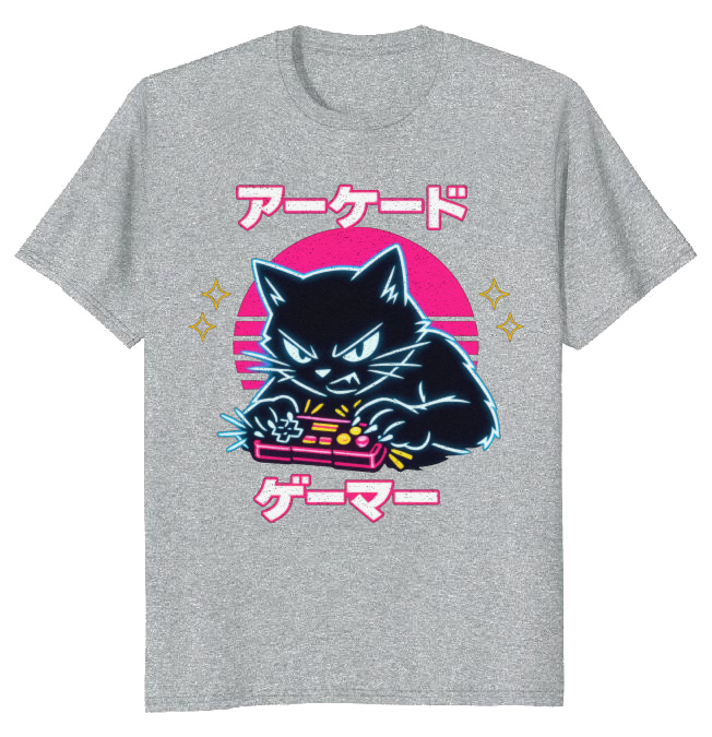 Retro Japanese Cat Neon Overdrive T-Shirt - Competitive Gamers & Retro Aesthetic Lovers