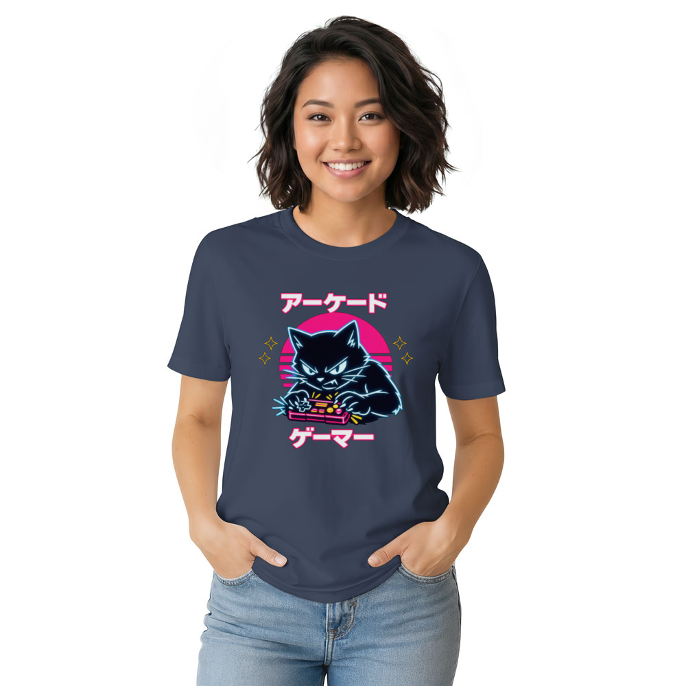 Retro Japanese Cat Neon Overdrive T-Shirt - Competitive Gamers & Retro Aesthetic Lovers
