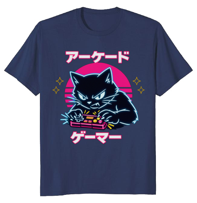Synthwave Gamer Cat in a Neon Arcade Chase Graphic T-Shirt