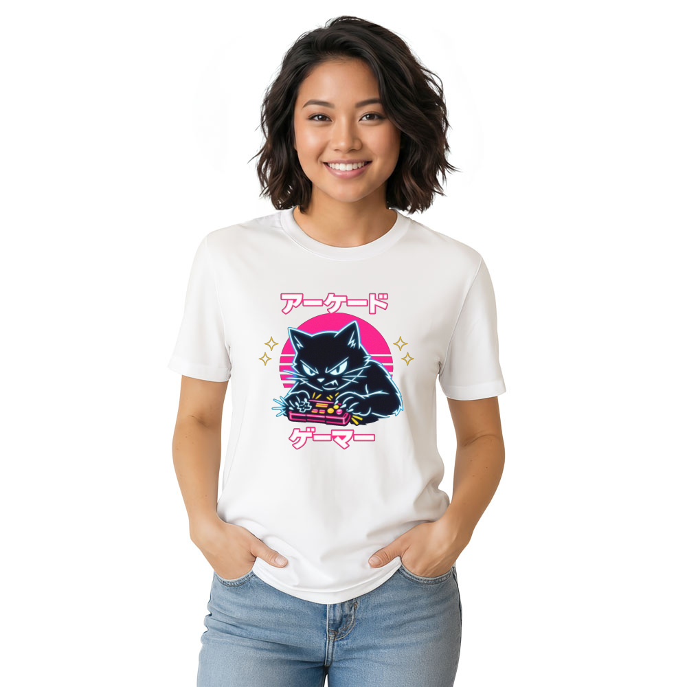 Retro Japanese Cat Neon Overdrive T-Shirt - Competitive Gamers & Retro Aesthetic Lovers