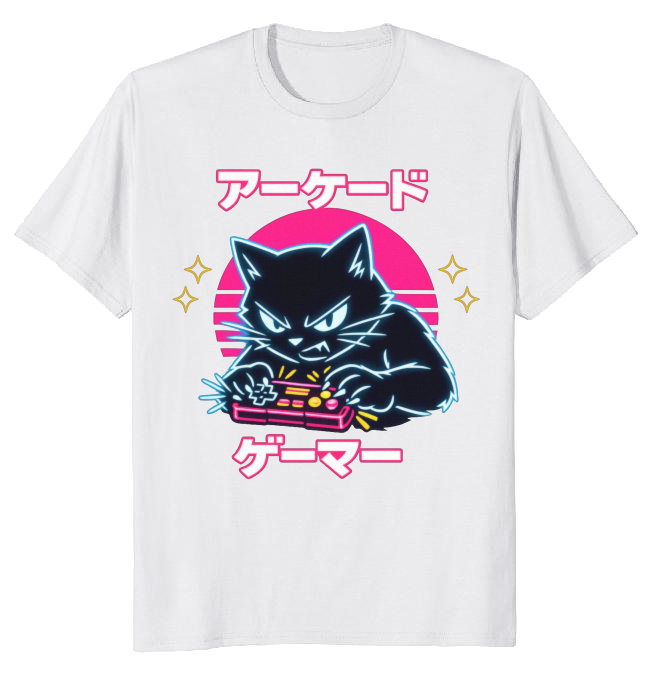 Retro Japanese Cat Neon Overdrive T-Shirt - Competitive Gamers & Retro Aesthetic Lovers