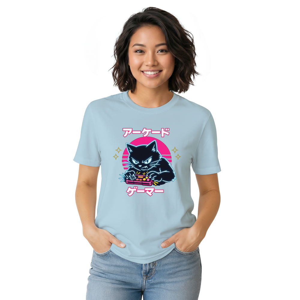 Retro Japanese Cat Neon Overdrive T-Shirt - Competitive Gamers & Retro Aesthetic Lovers