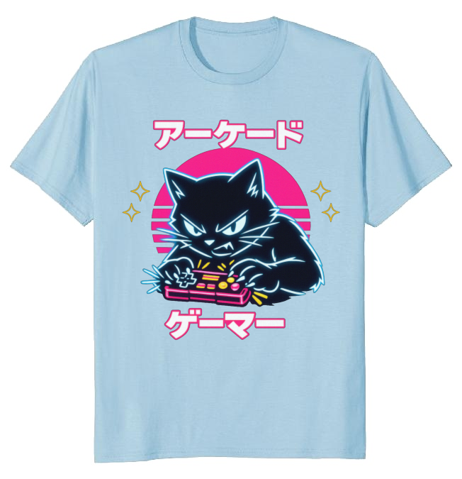 Retro Japanese Cat Neon Overdrive T-Shirt - Competitive Gamers & Retro Aesthetic Lovers