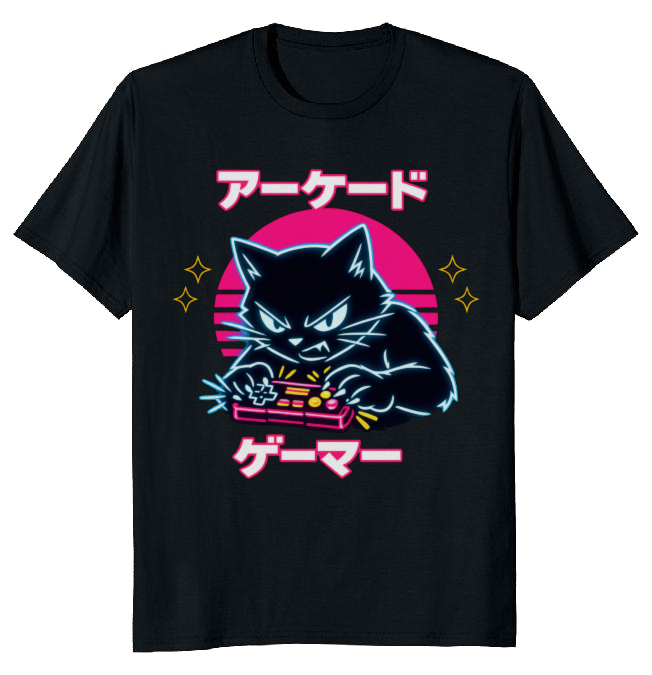 Synthwave Gamer Cat in a Neon Arcade Chase Graphic T-Shirt