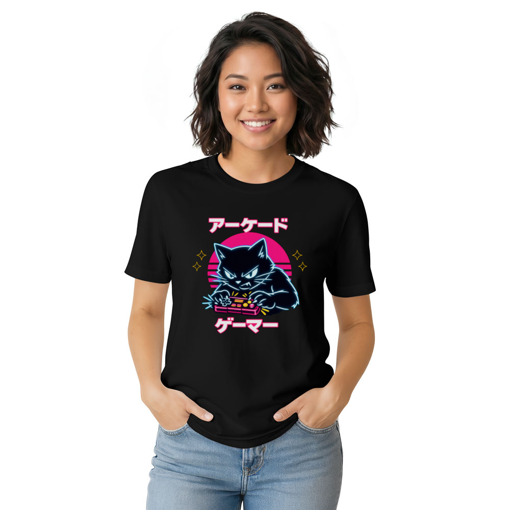 Synthwave Gamer Cat in a Neon Arcade Chase Graphic T-Shirt