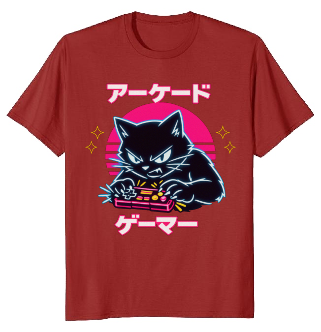 Retro Japanese Cat Neon Overdrive T-Shirt - Competitive Gamers & Retro Aesthetic Lovers