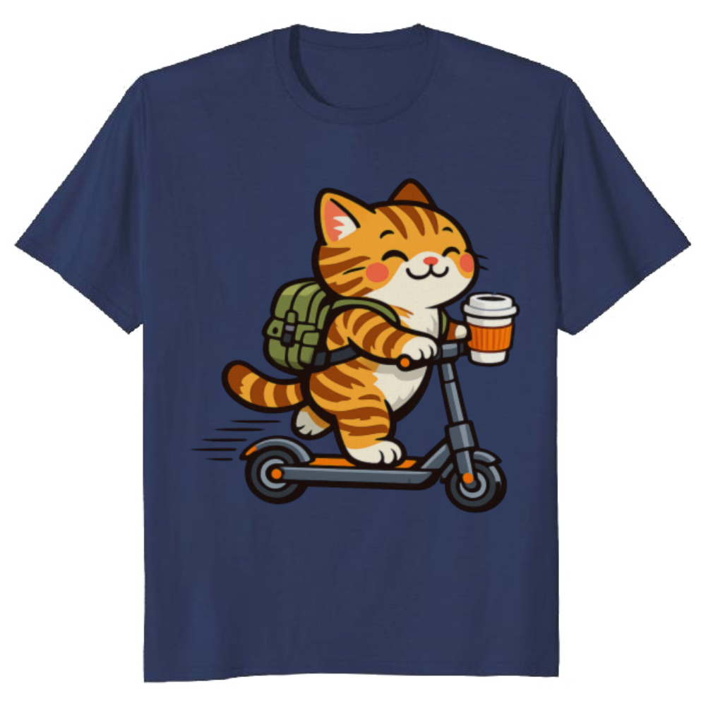 Kawaii Happy Tabby on a Morning Scooter Commute Graphic T-Shirt