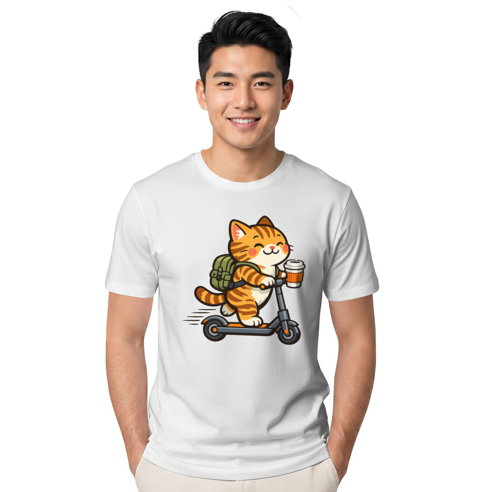 Whimsical Happy Tabby Riding a Scooter Morning Commute Graphic T-Shirt