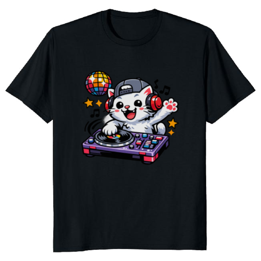 Purrfect Beats Retro DJ Cat at Turntables Illustration T-Shirt