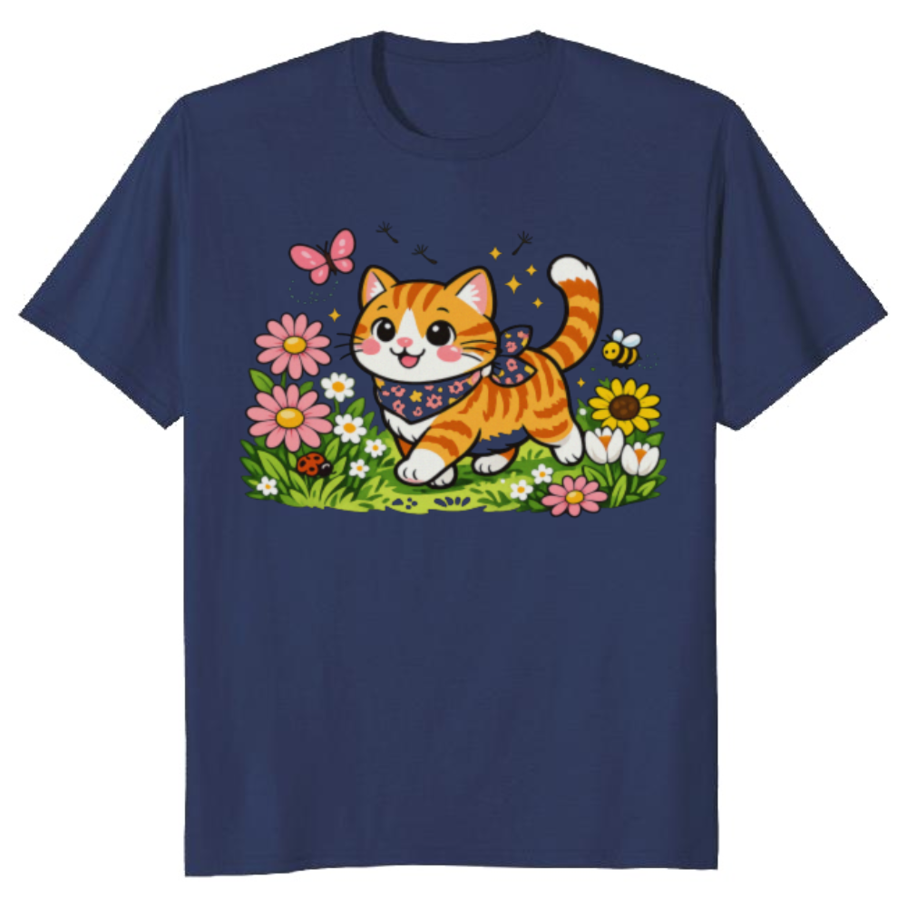 Spring Stroll Whimsical Tabby in a Floral Meadow T-Shirt