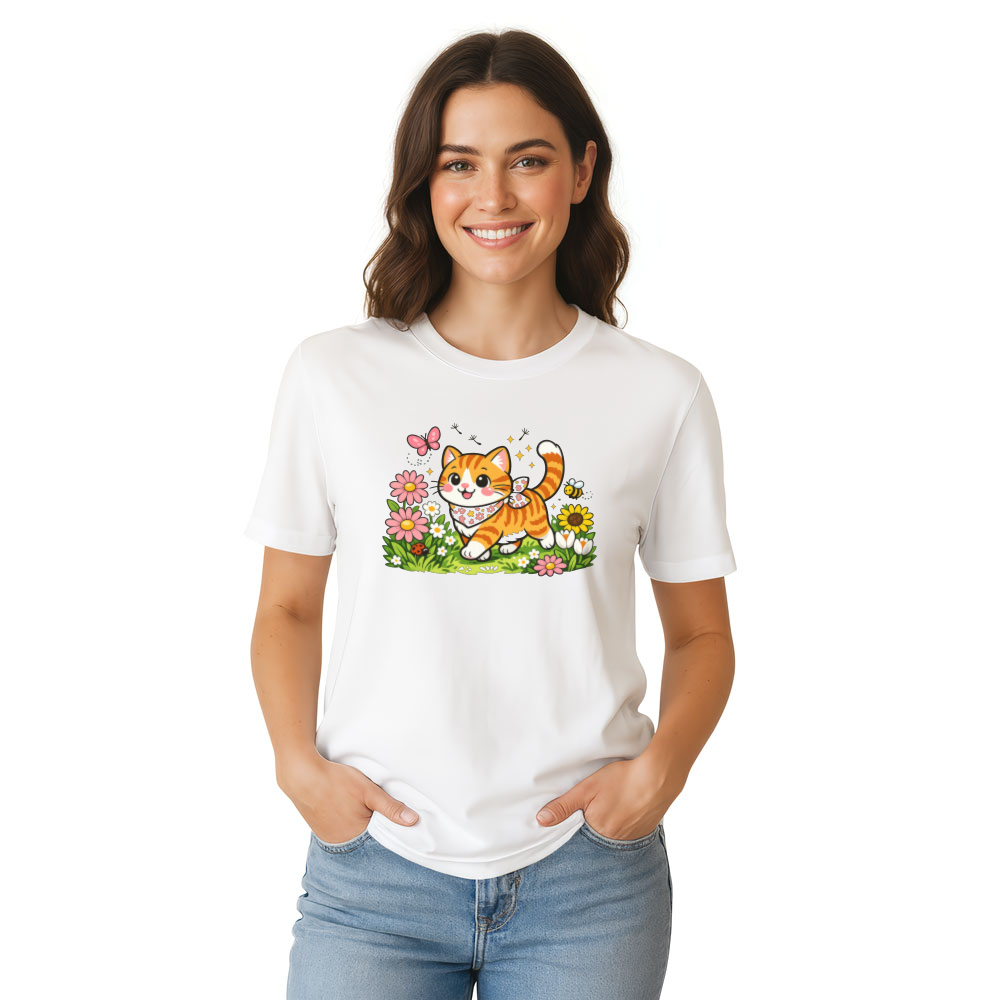 Spring Stroll Whimsical Tabby in a Floral Meadow T-Shirt