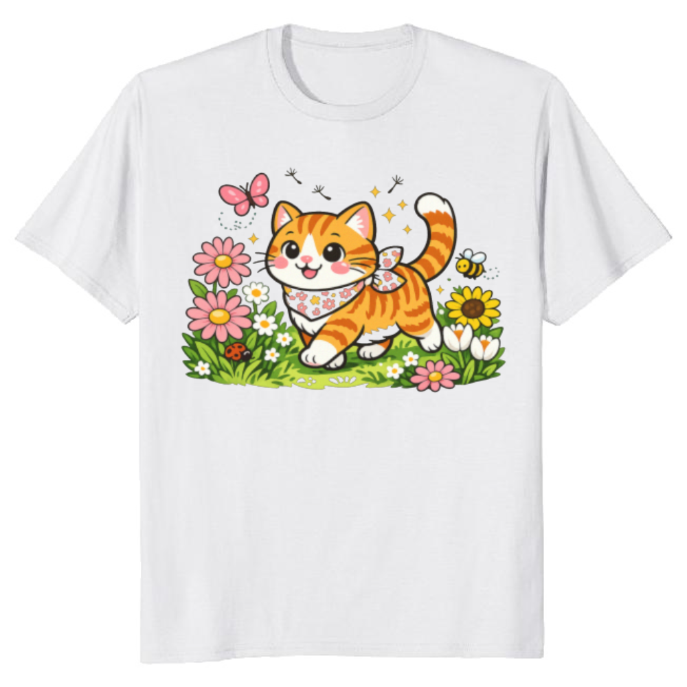 Cheerful Tabby Cat T-Shirt - Cottagecore Floral Gift for Cat Lovers
