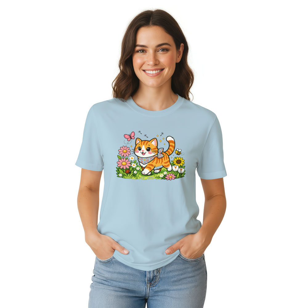 Cheerful Tabby Cat T-Shirt - Cottagecore Floral Gift for Cat Lovers