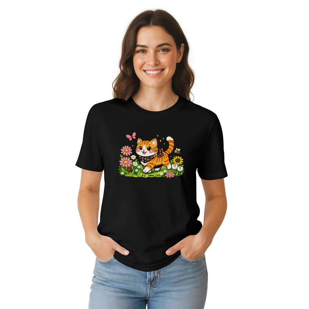 Cheerful Tabby Cat T-Shirt - Cottagecore Floral Gift for Cat Lovers