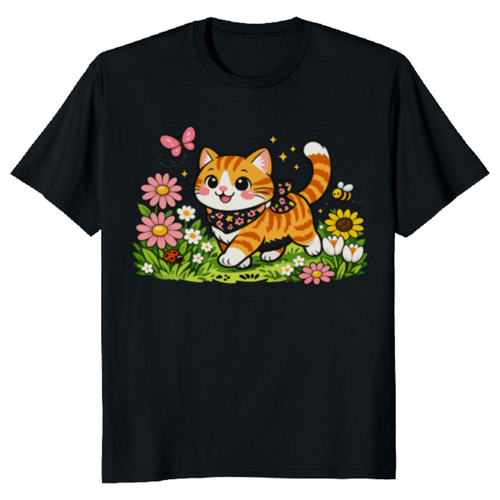 Cheerful Tabby Cat T-Shirt - Cottagecore Floral Gift for Cat Lovers