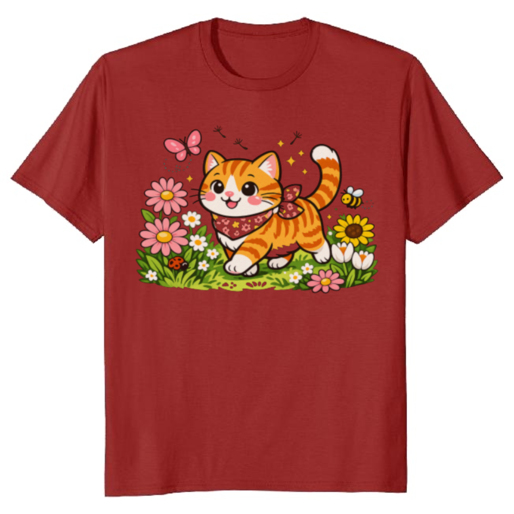Cheerful Tabby Cat T-Shirt - Cottagecore Floral Gift for Cat Lovers