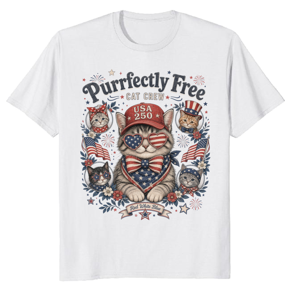 Funny Patriotic Cat in Red, White, and Blue Graphic T-Shirt