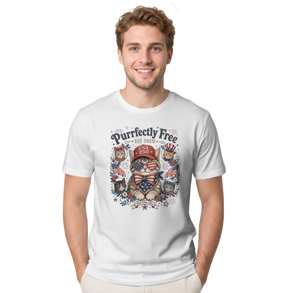 Funny Patriotic Cat in Red, White, and Blue Graphic T-Shirt