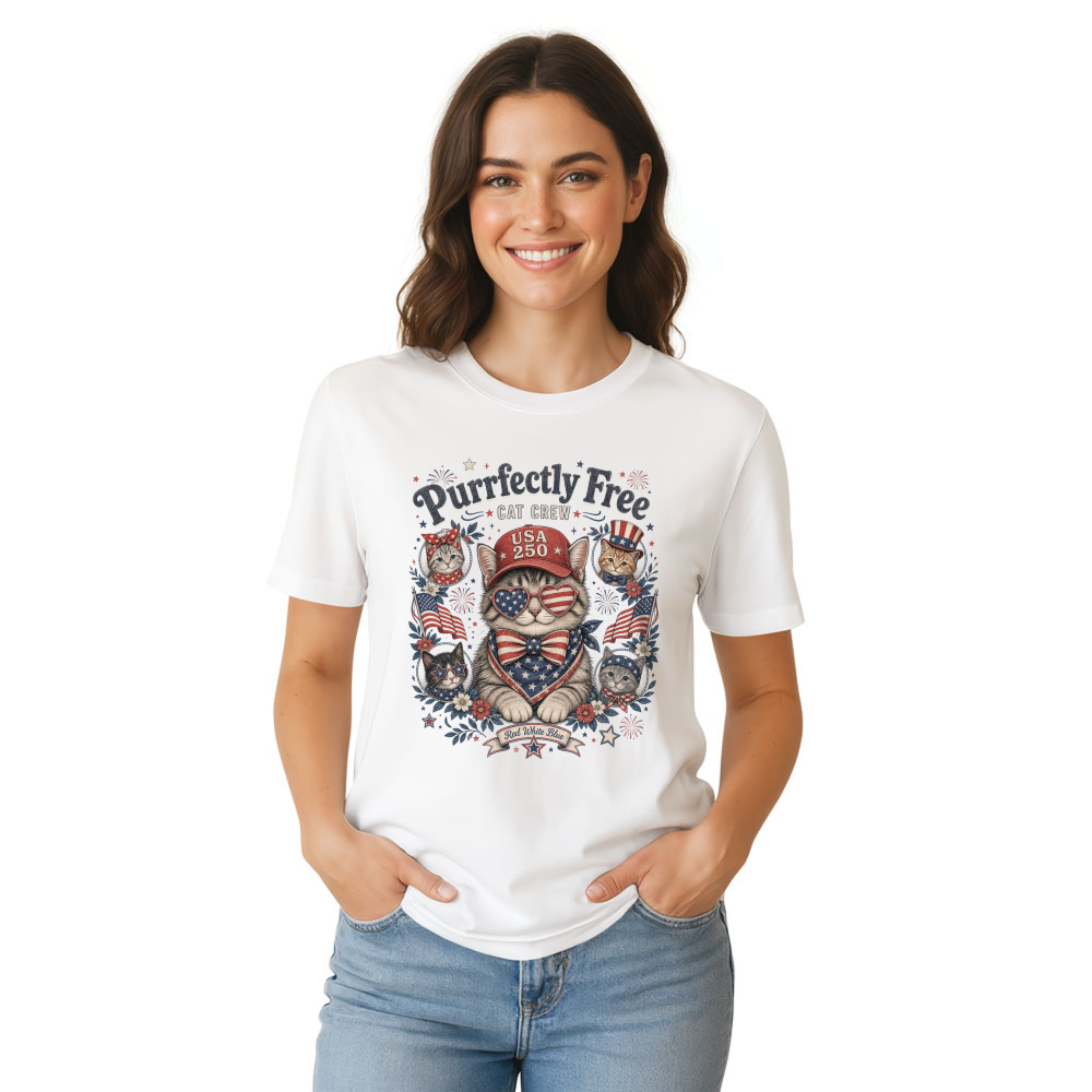 Funny Patriotic Cat in Red, White, and Blue Graphic T-Shirt